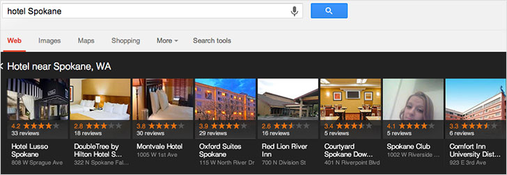 Google search for "hotel Spokane"