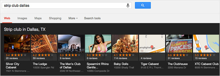 Google search for "strip club Dallas"